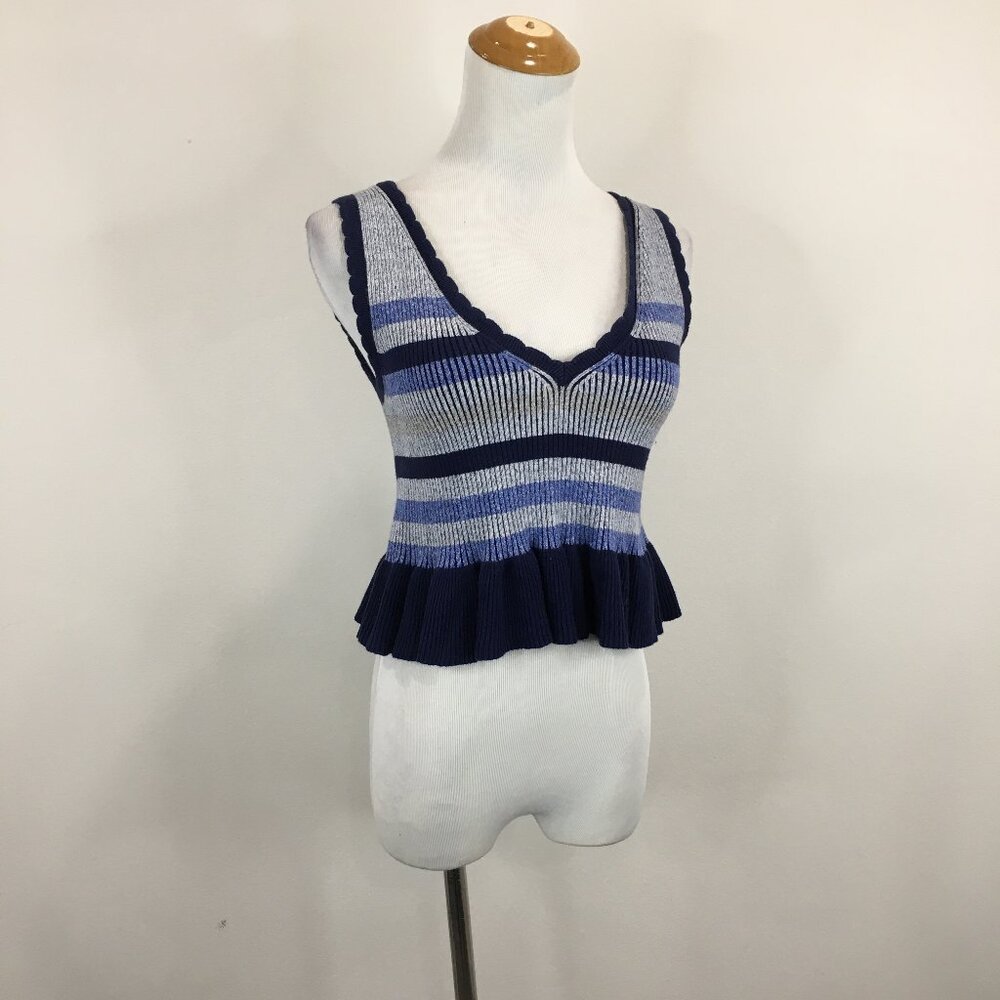 BCBGENERATION Striped Ribbed Stretch Knit Peplum Ruffle Hem V Neck Sweater Top